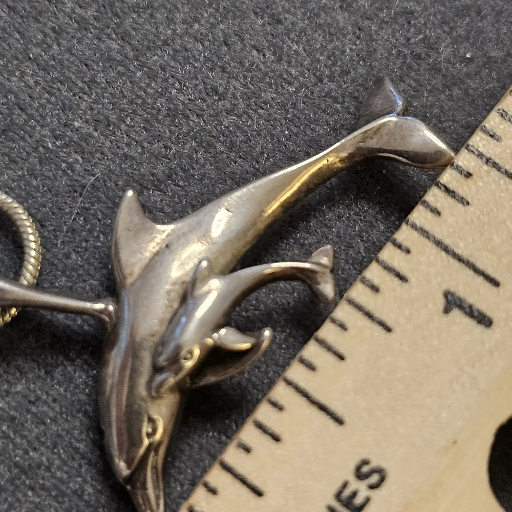 Sterling Silver Mom Dolphin And‎ Baby. Pendant Necklace. Much Detail